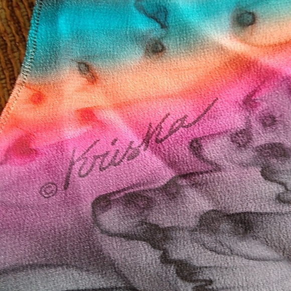 KRISKA Gray Orange Blue Pink hand painted scarf - Picture 3 of 4